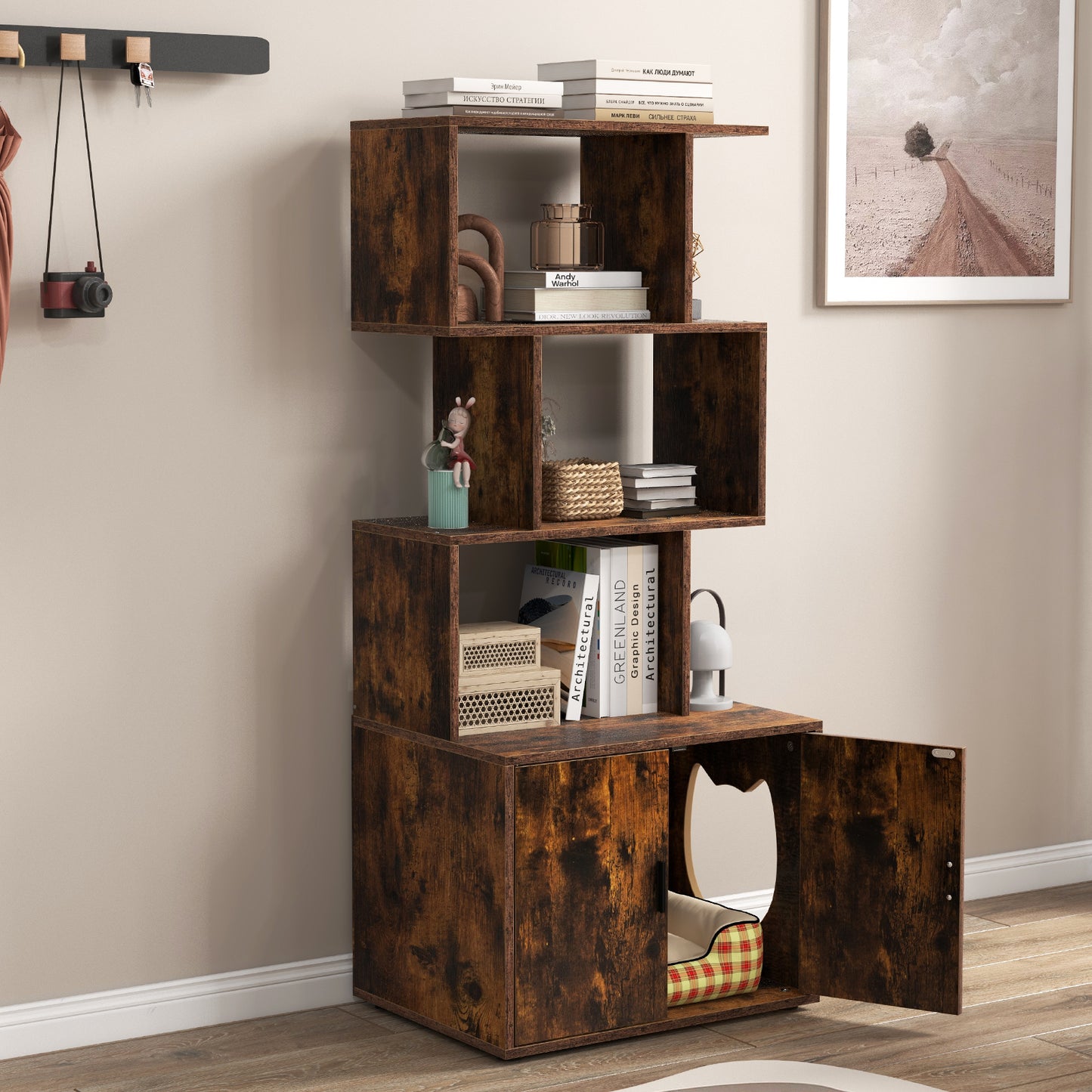 2-in-1 Hidden Cat Litter Box Enclosure with 3 Open Shelves-Rustic Brown