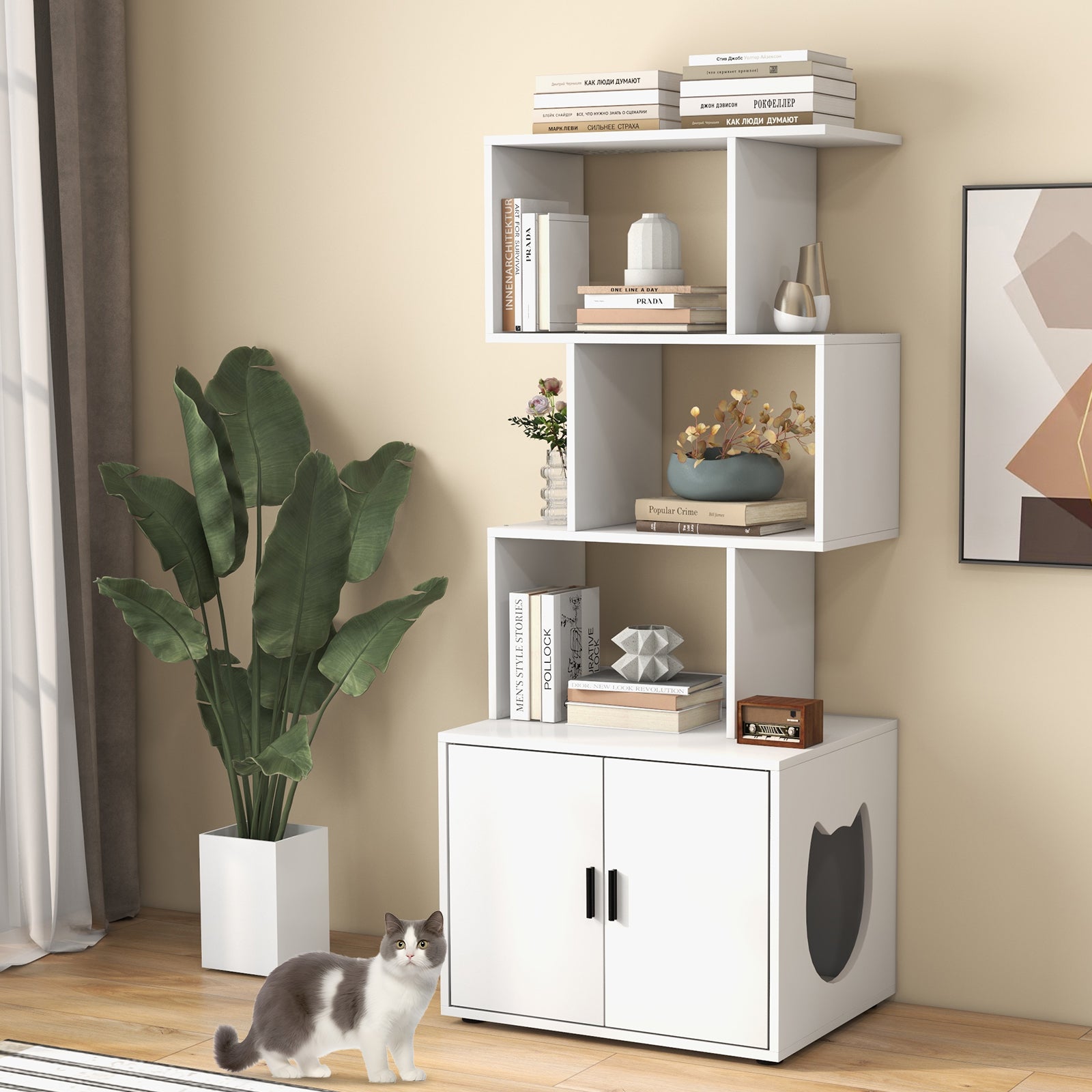 2-in-1 Hidden Cat Litter Box Enclosure with 3 Open Shelves-White
