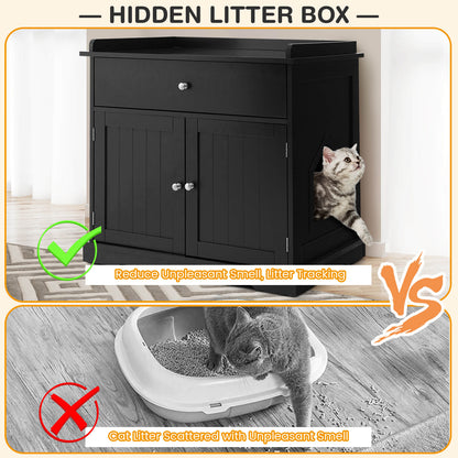 Large Wooden Cat Litter Box Hidden Washroom Toilet with Drawer-Black