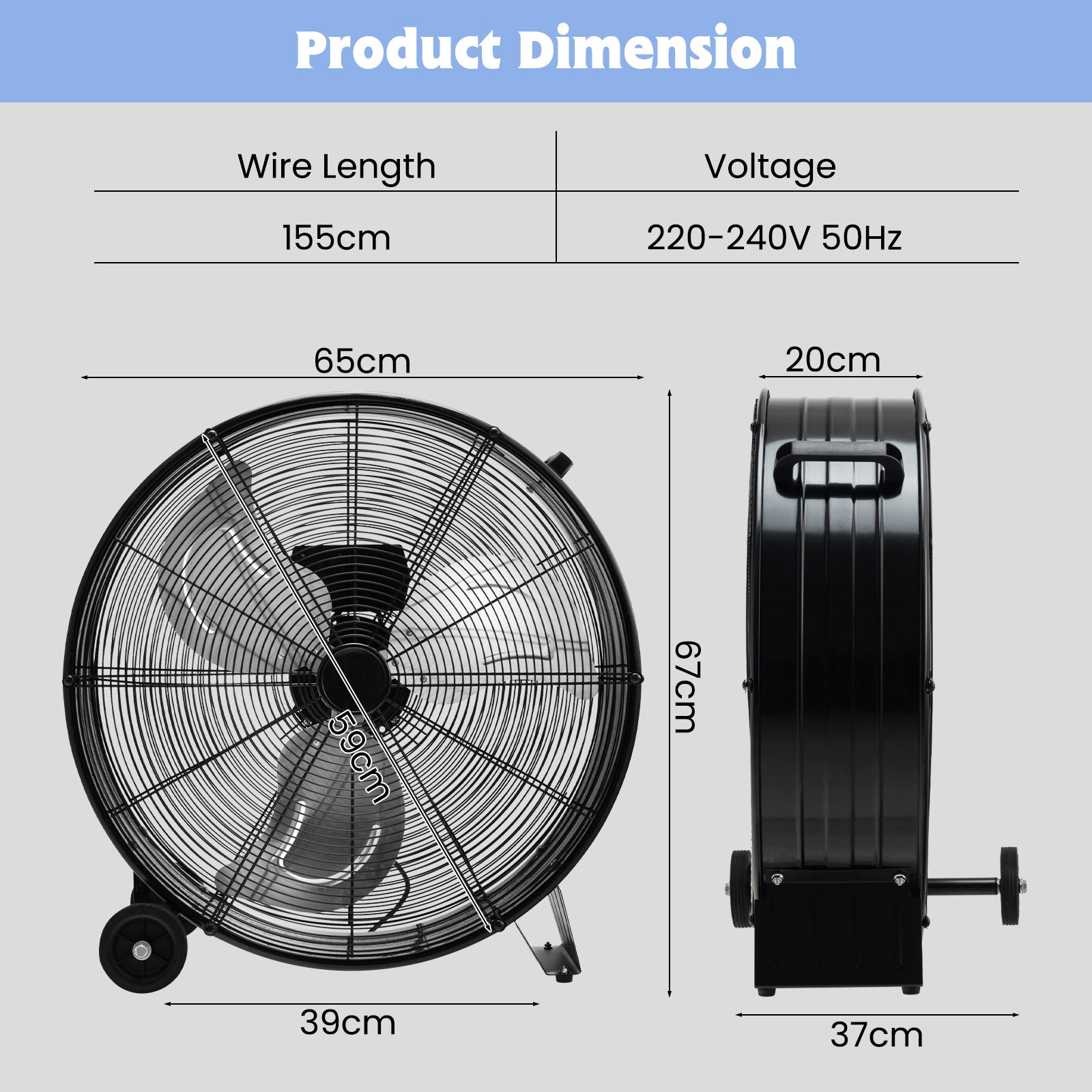 24 Inch High-Velocity Industrial Floor Fan with Wheels and Handle-Black
