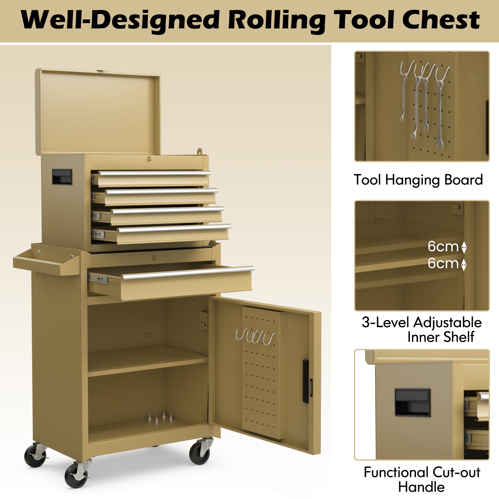 High Capacity Tool Storage Cabinet with Lockable Wheels-Yellow