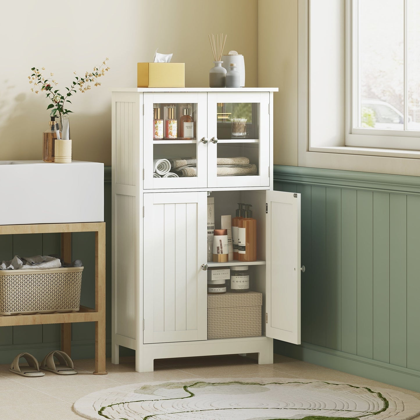 kleankin Bathroom Floor Cabinet, Freestanding Kitchen Cupboard with 2 Drawers, Adjustable Shelves and Tempered Glass Door, Wooden Storage Unit for Living Room Kitchen Hallway