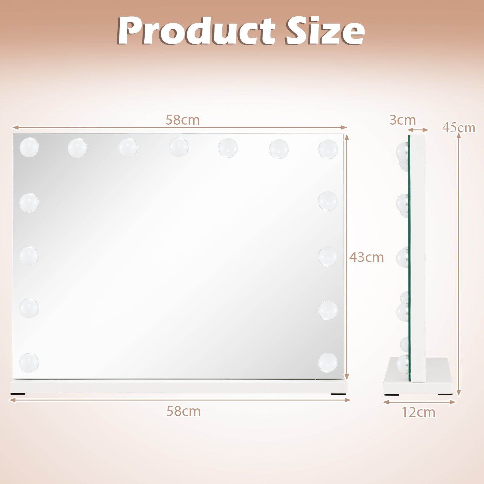 Hollywood Vanity Mirror with 3 Light Colors and Adjustable Brightness-White-M