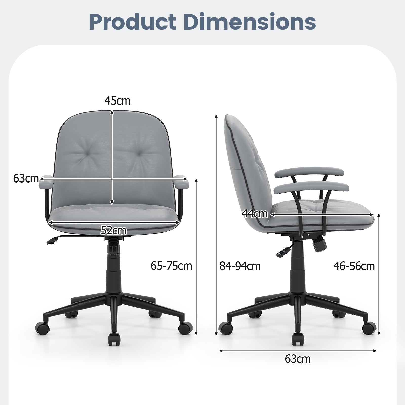 Home Office Desk Chair PU Leather Makeup Vanity Chair with Adjustable Height and Rocking Function-Grey