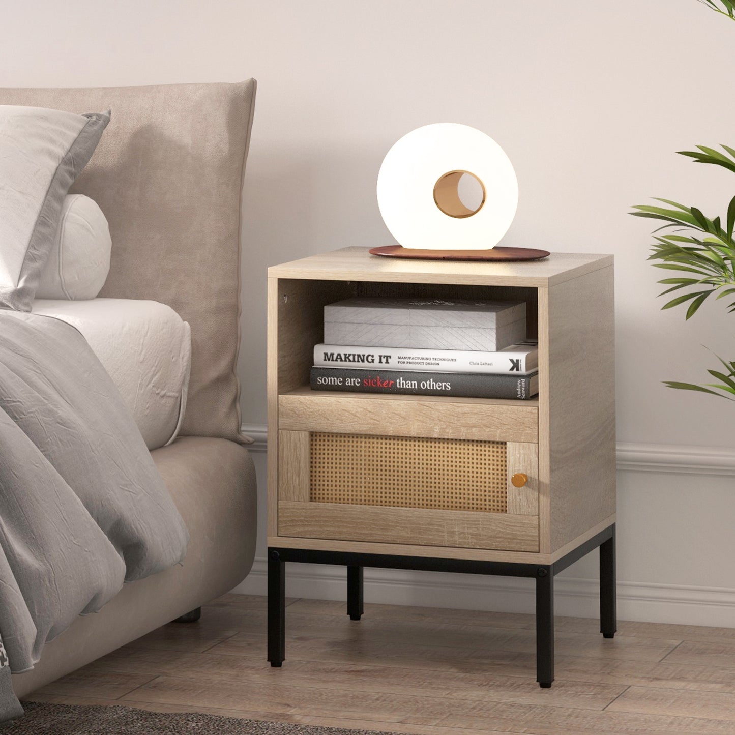 Home Boho Style Nightstand Accent Table with Open Shelf and Door Cabinet-Natural