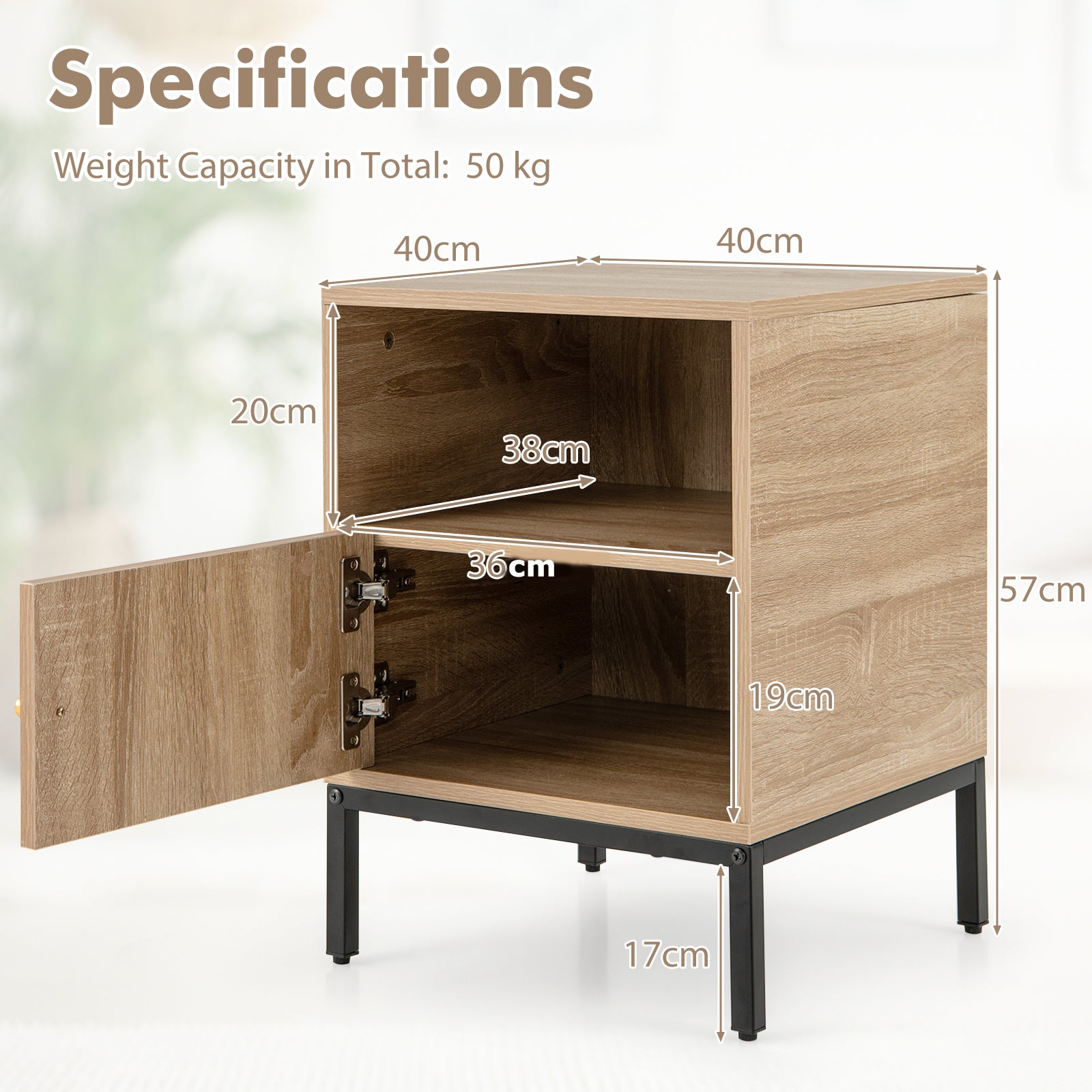 Home Boho Style Nightstand Accent Table with Open Shelf and Door Cabinet-Natural