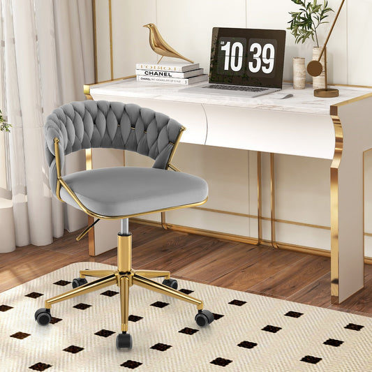 Home Office Desk Chair with Hand-woven Back and Golden Metal Legs-Grey