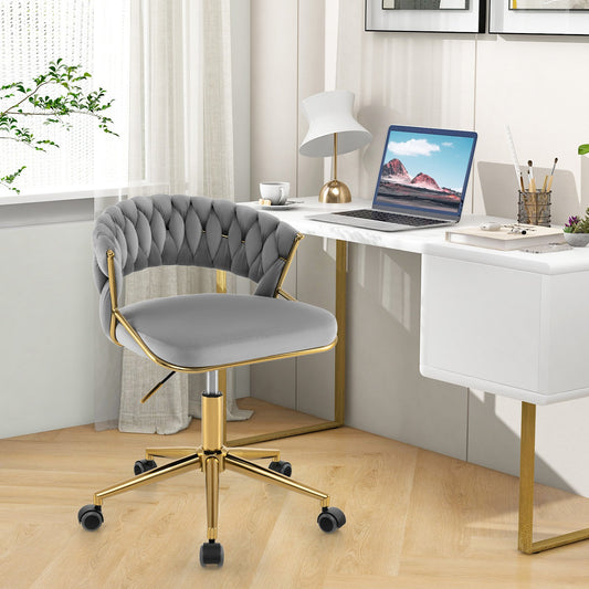 Home Office Desk Chair with Hand-woven Back and Golden Metal Legs-Grey