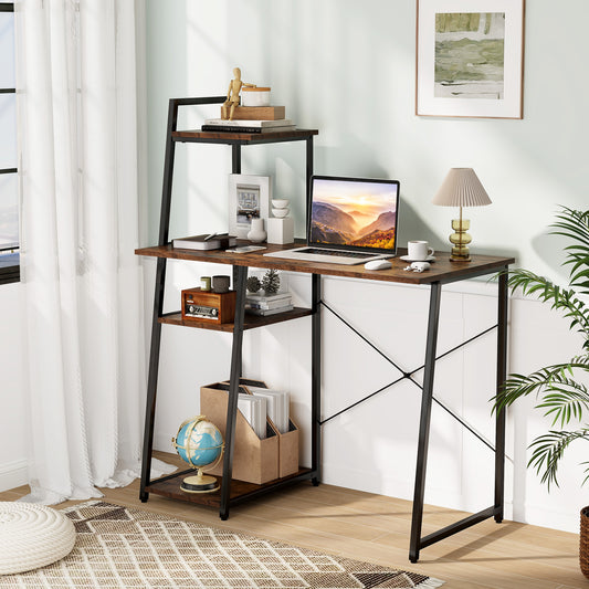 Home Office Desk with Bookshelf and Host Stand-Brown
