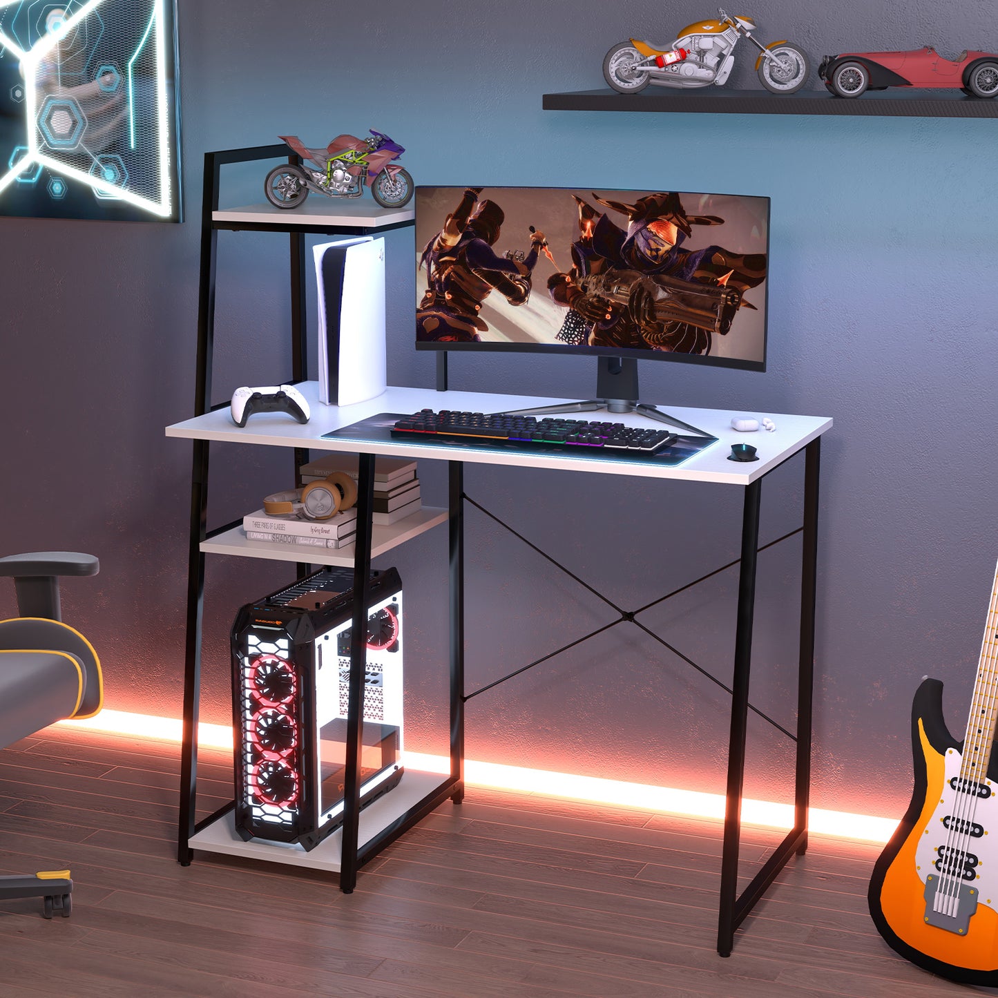 Home Office Desk with Bookshelf and Host Stand-White