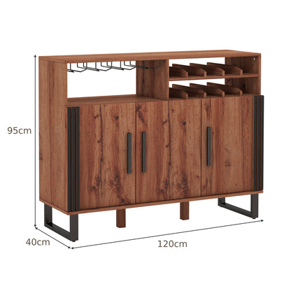 Home Wine Bar Cabinet with 3 Door and 4-Row Glass-Rustic Brown
