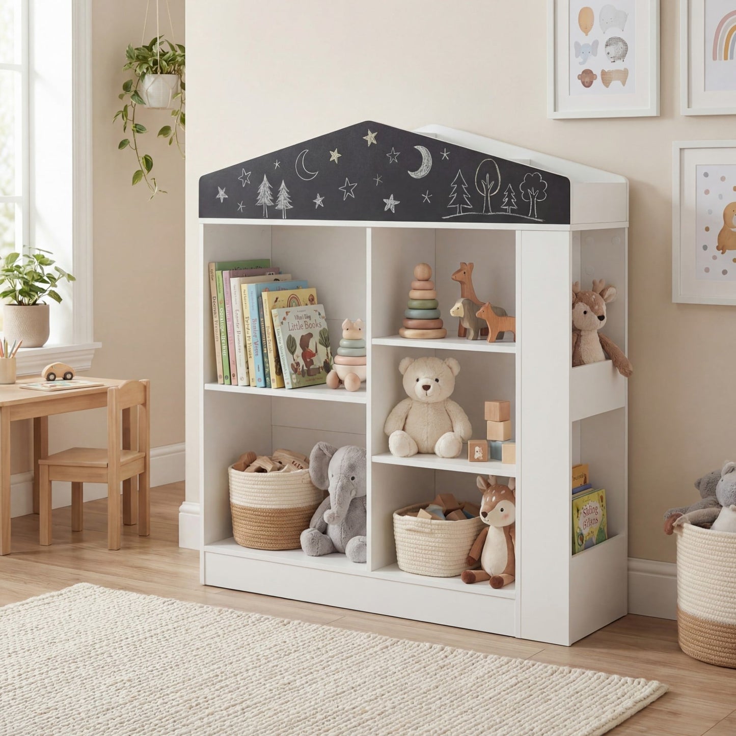 House Shaped Toy Storage Organizer with Compartments and Anti-toppling Kits-White