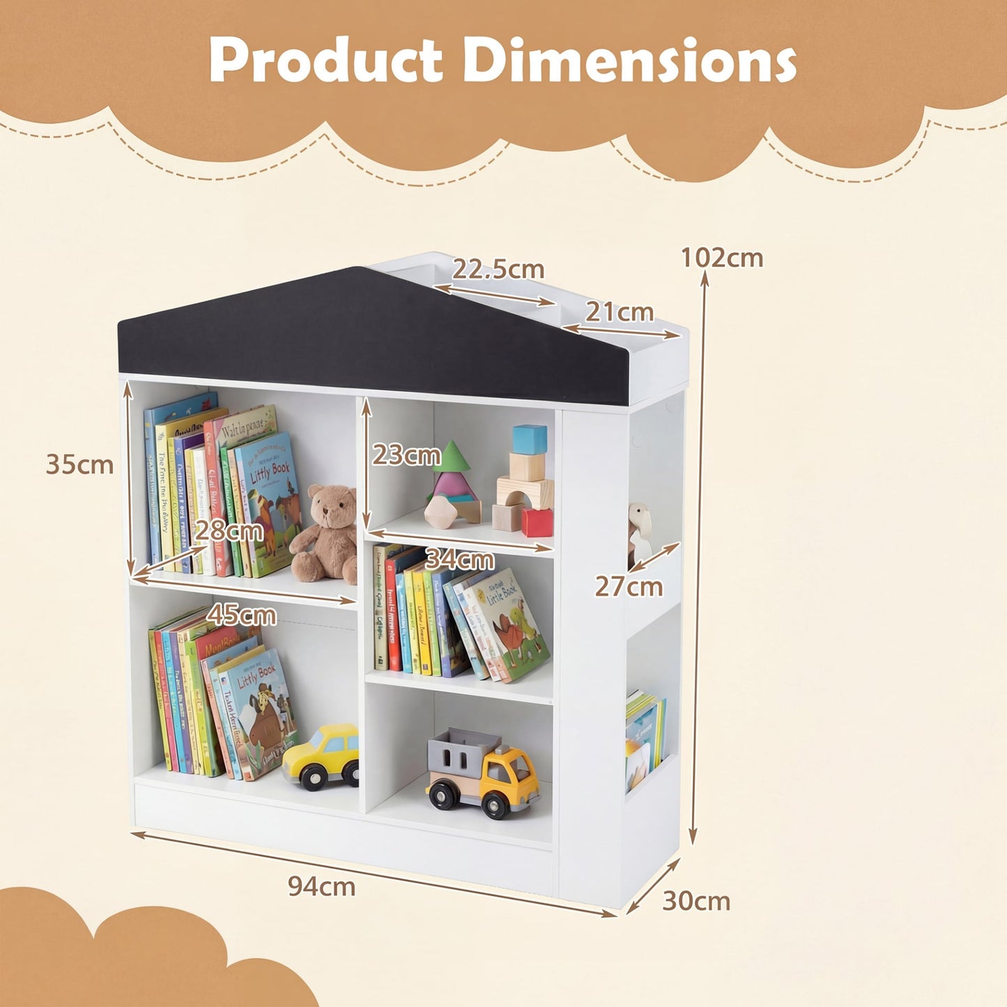 House Shaped Toy Storage Organizer with Compartments and Anti-toppling Kits-White