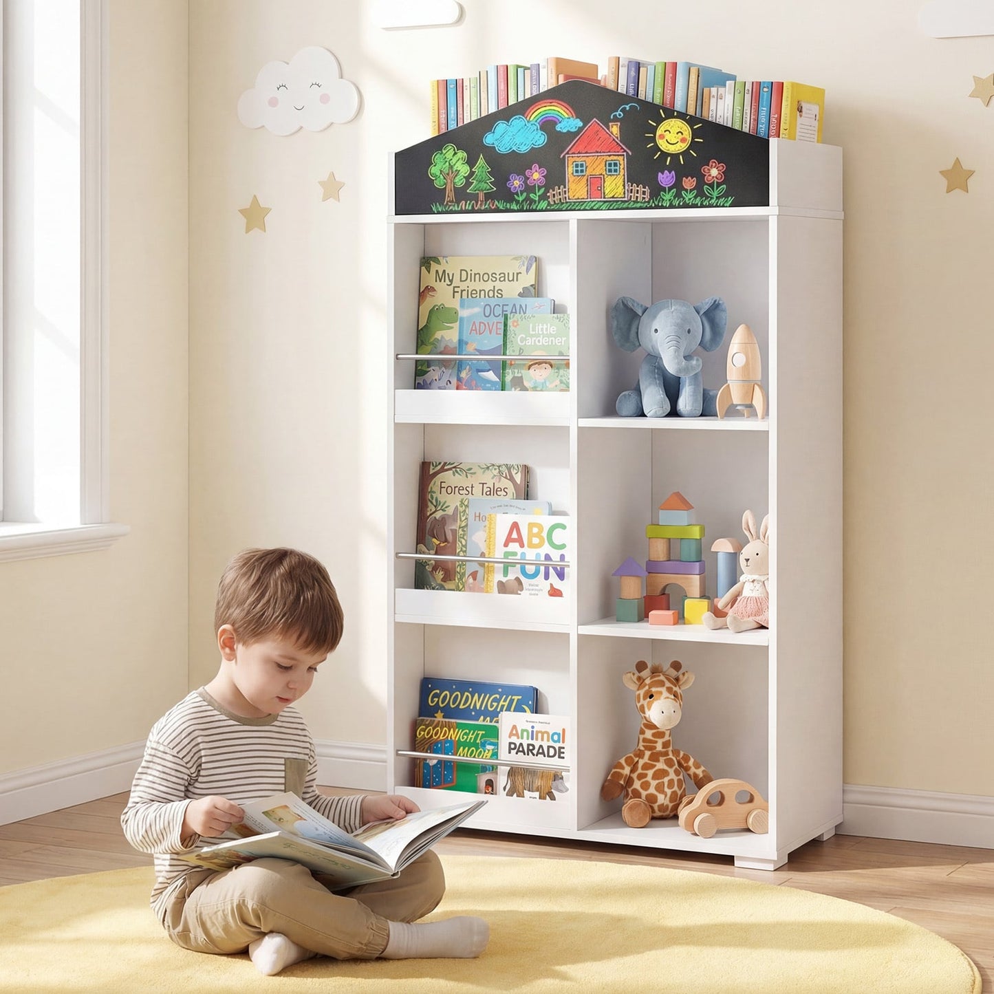 House Shaped Toy Storage Organizer with Compartments and Chalkboard-White