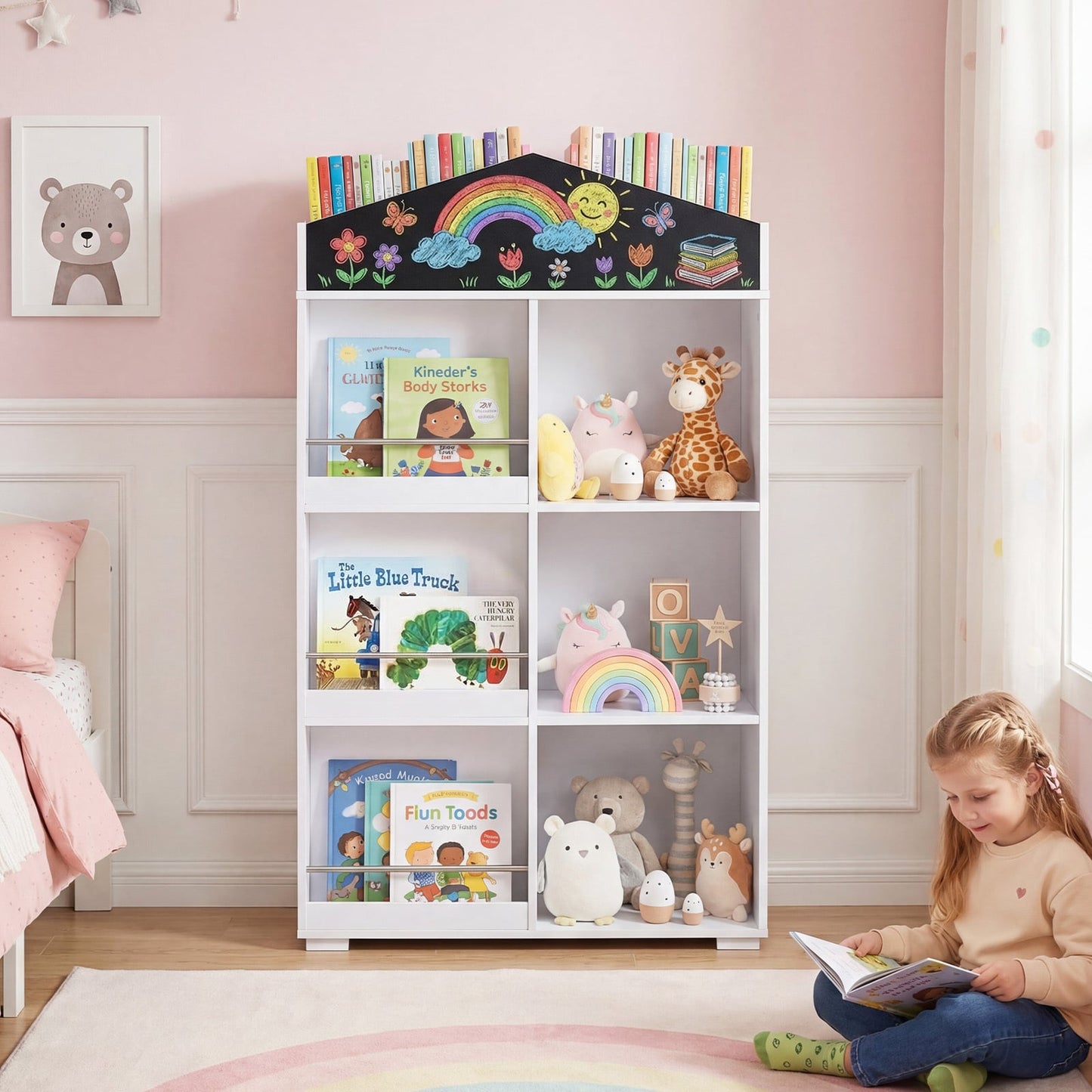 House Shaped Toy Storage Organizer with Compartments and Chalkboard-White
