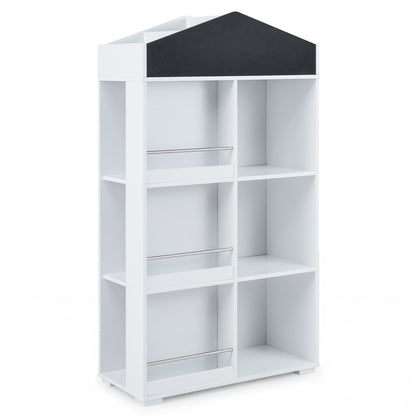 House Shaped Toy Storage Organizer with Compartments and Chalkboard-White