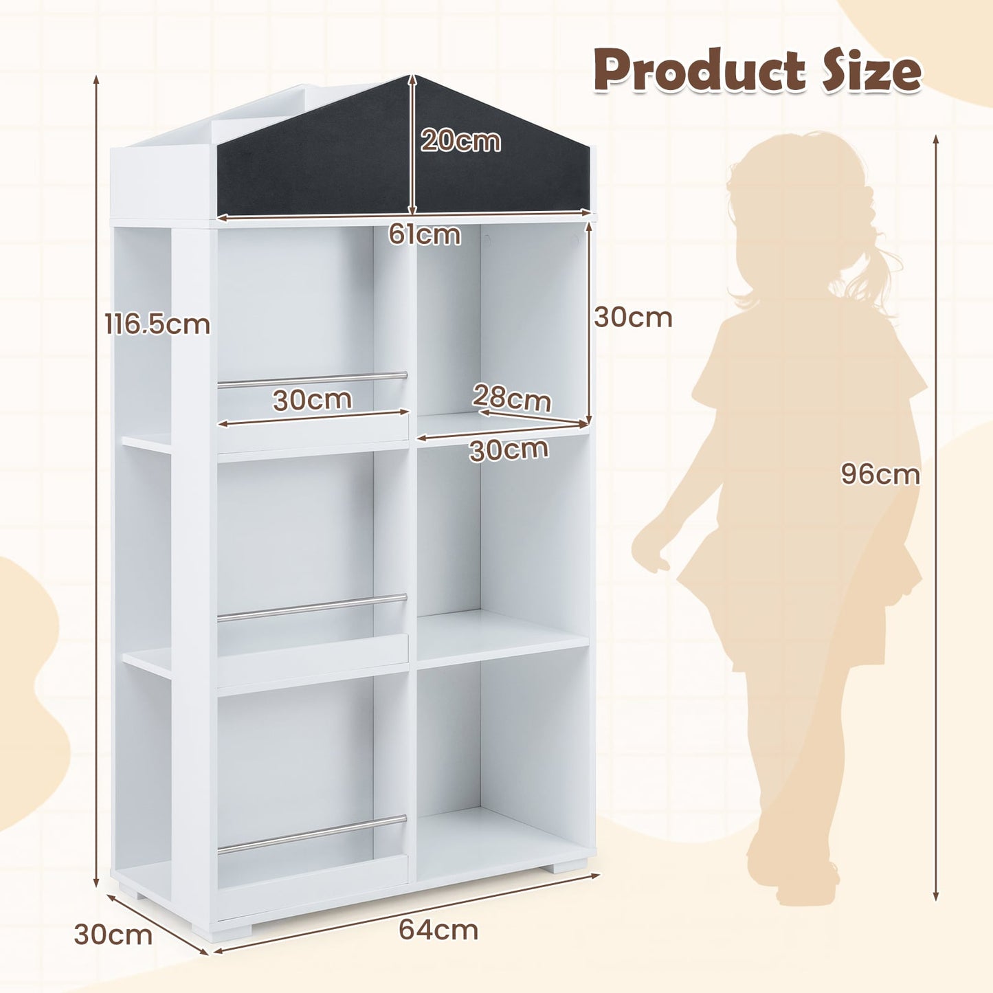 House Shaped Toy Storage Organizer with Compartments and Chalkboard-White