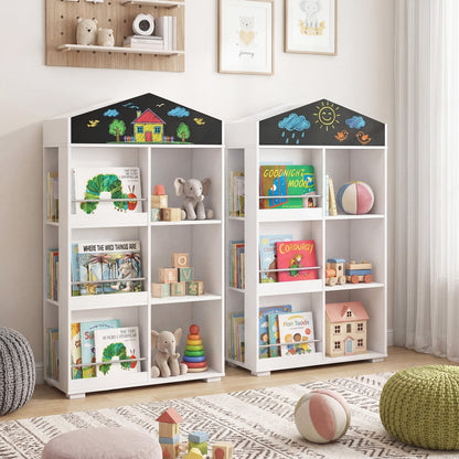 House Shaped Toy Storage Organizer with Compartments and Chalkboard-White