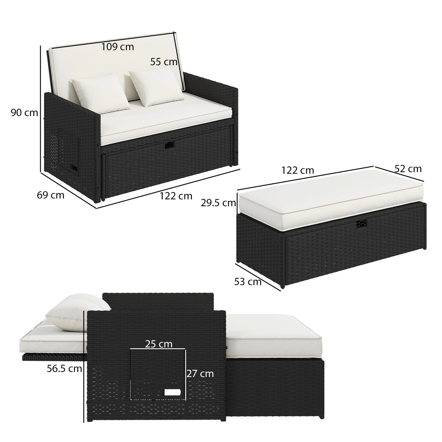 Outsunny Rattan Garden Daybed, Double Sun Lounger with 5-Level Adjustable Back, Storage Ottoman, Cream White