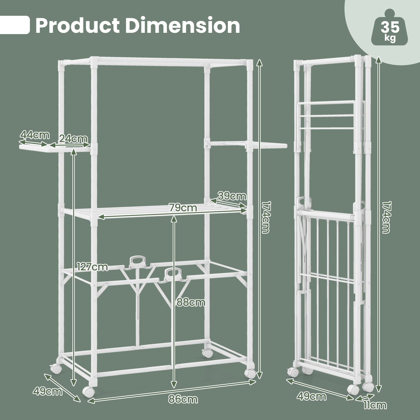 H-shaped Clothes Drying Rack Collapsible with Detachable Middle Shelf-White