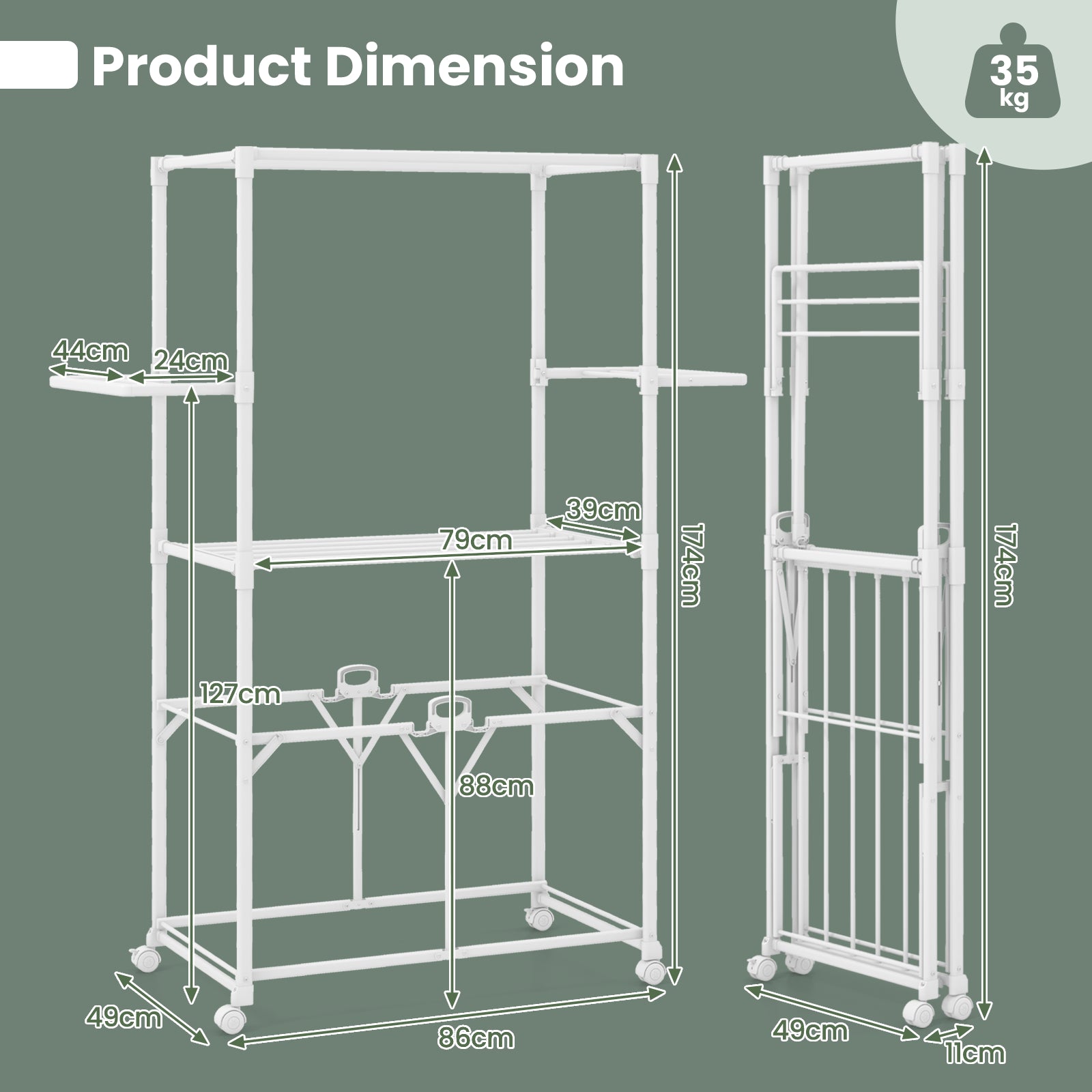H-shaped Clothes Drying Rack Collapsible with Detachable Middle Shelf-White