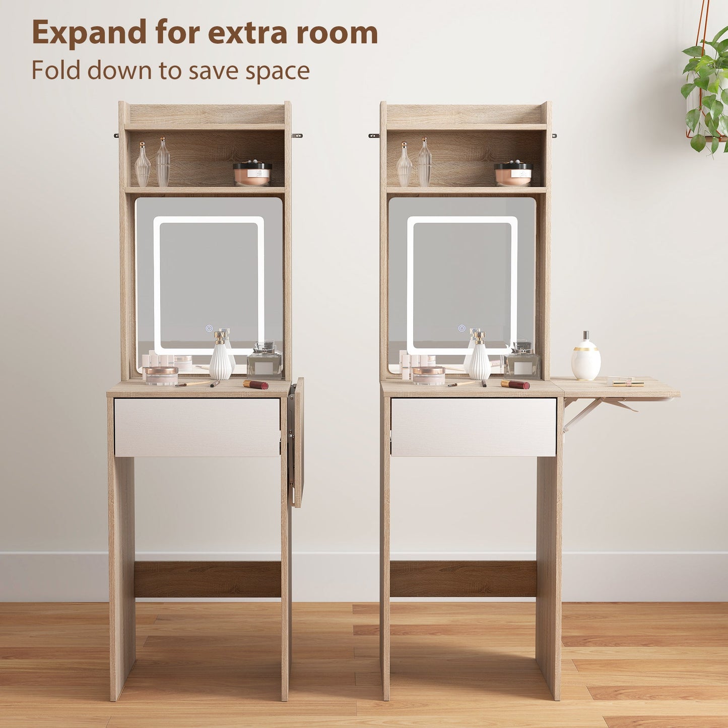 HOMCOM Small Vanity Desk with Mirror and LED Lights, Compact Dressing Table with Drop Leaf, Open Shelves, Natural Wood