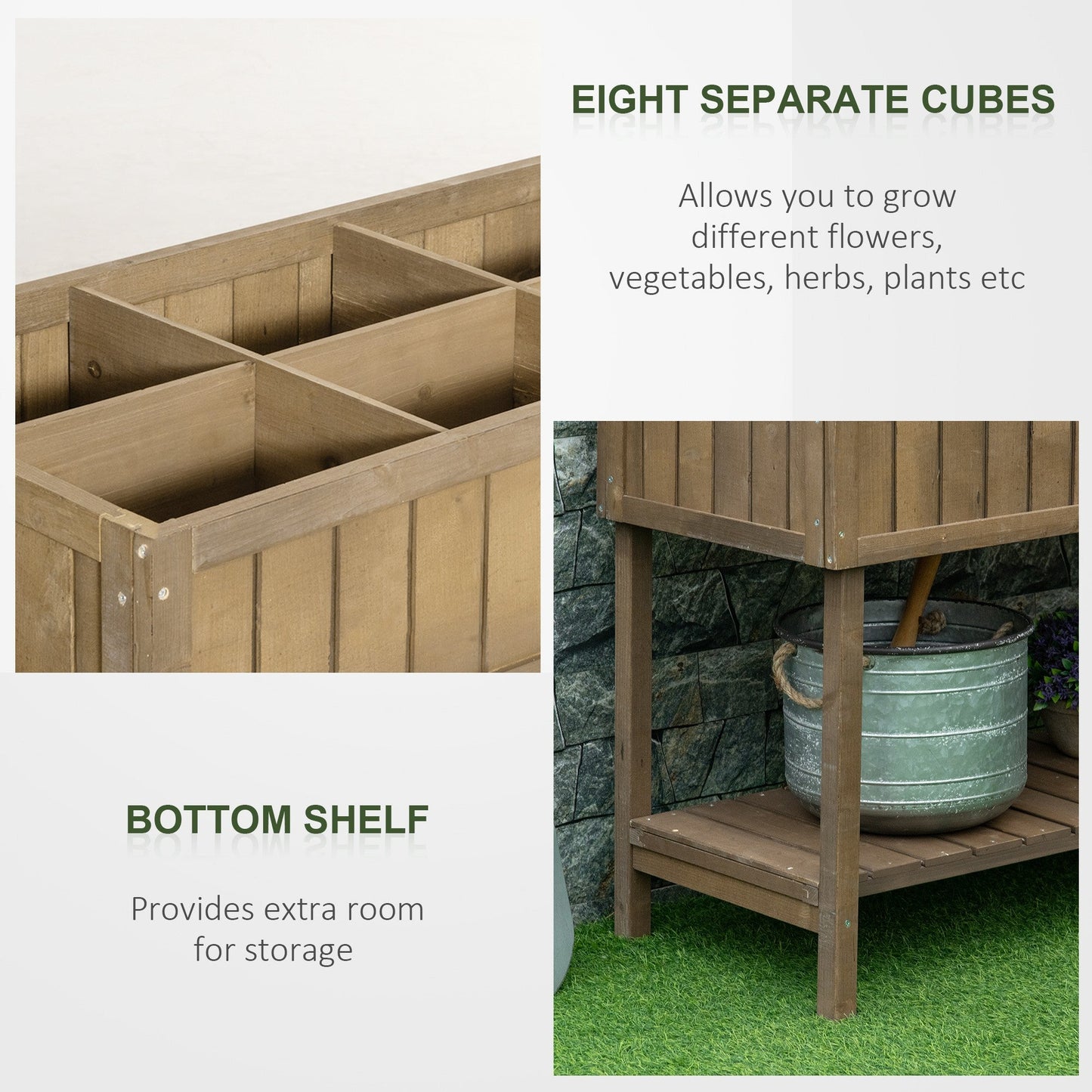 Outsunny Wooden Herb Planter Raised Bed Container Garden Plant Stand Bed 8 Boxes 110L x 46W x 76Hcm Brown