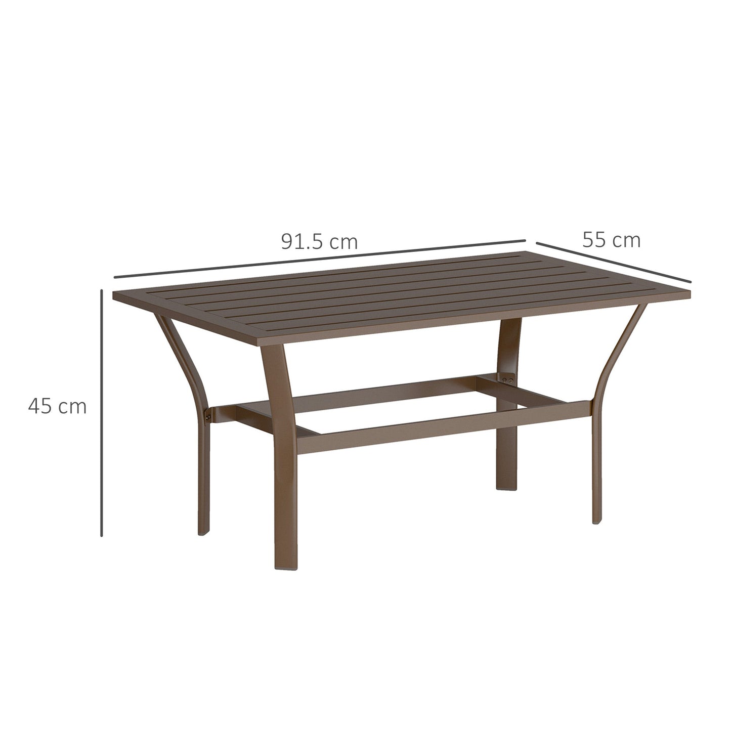 Outsunny Metal Garden Coffee Table, Rectangular Outdoor Side Table with Slatted Tabletop, Foot Pads for Outside, Garden, Balcony, Porch, 91.5 x 55 x 45cm, Brown