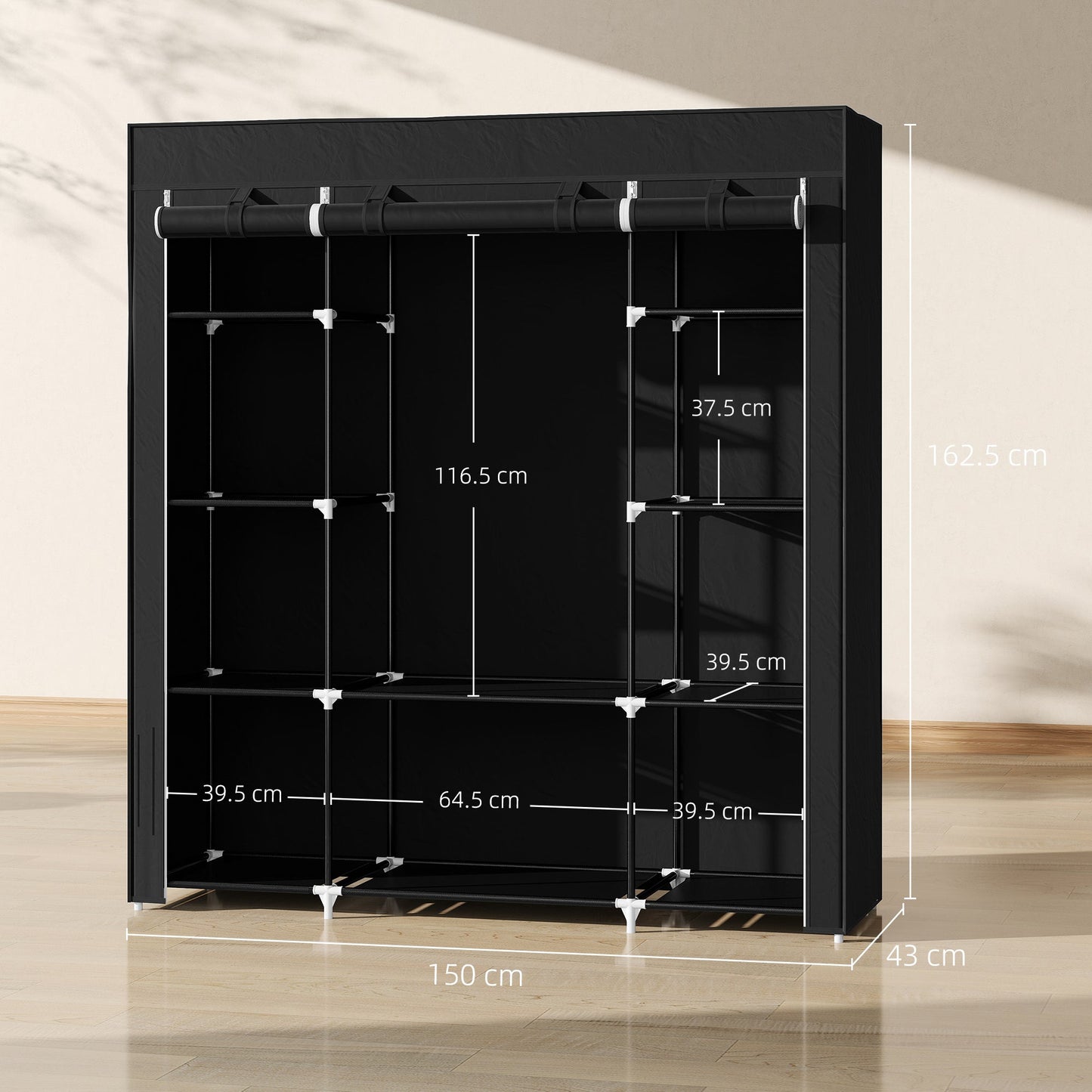 HOMCOM Portable Wardrobe, Foldable Fabric Wardrobe, 150 x 43 x 162.5cm, Clothes Storage Organiser with Hanging Rail, Shelves, Fabric Cover for Bedroom, Black
