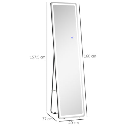 HOMCOM Full-Length Mirror, 160 x 40 cm, Wall Mounted, Freestanding Floor Mirror with LED Lights and Remote Control, Dimming & 3 Colour Modes, for Bedroom, Black