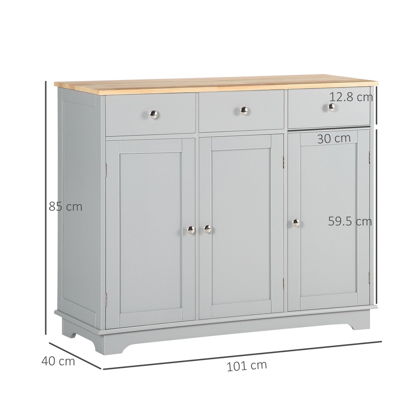 HOMCOM Sideboard with Rubberwood Top and Adjustable Shelves for Dining Room, Kitchen - Grey