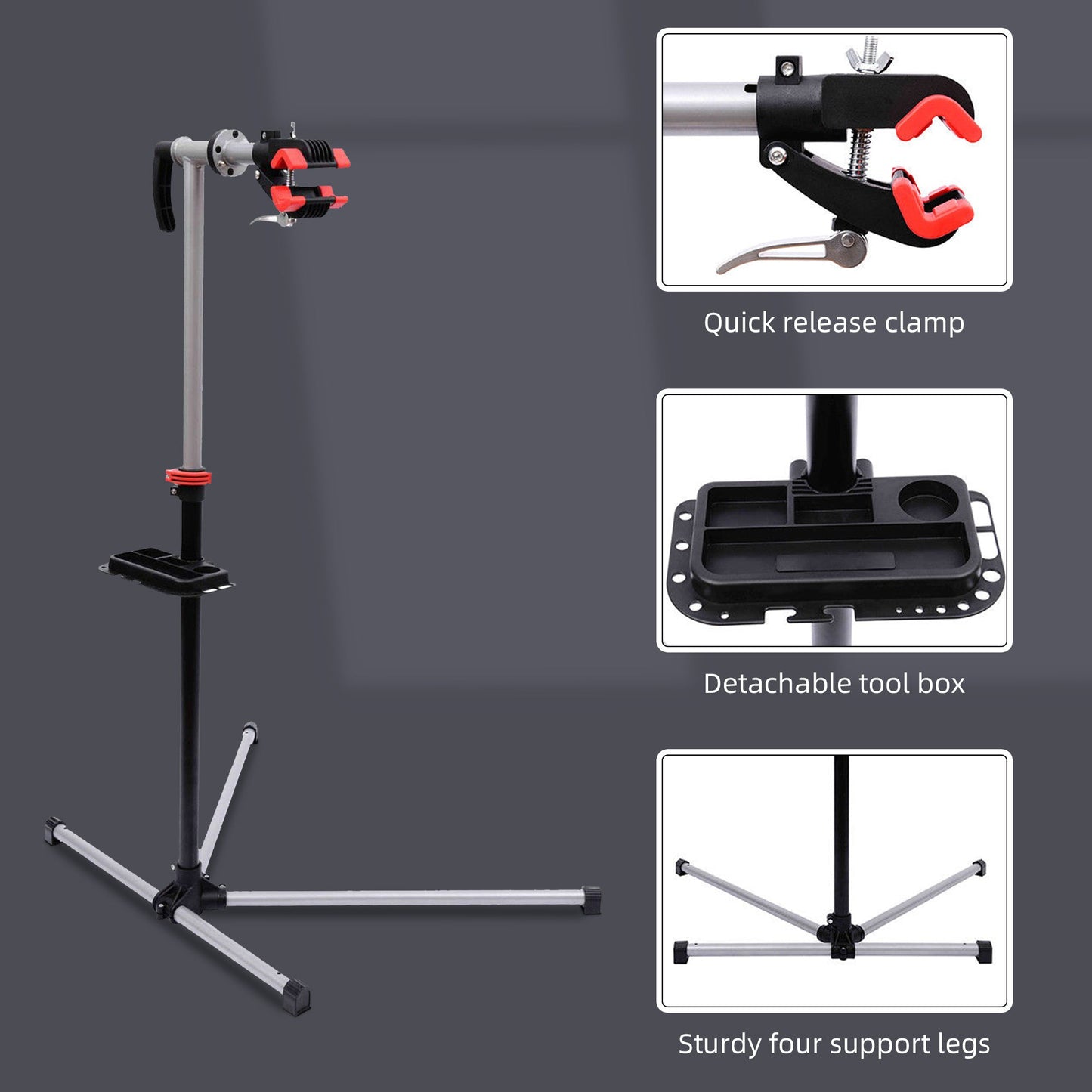 HOMCOM Bike Repair Stand Workstation, Bicycle Maintenance Workstand, Height Adjustable, with Tool Tray & 360 Rotating Adjustable Clamp for Home Mechanic Workshop