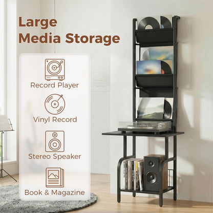 HOMCOM Vinyl Record Player Stand Record Storage with Player Stand Oxford Fabric Pockets Bottom Shelf, Black