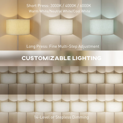 HOMCOM Floor Lamp with Remote, Height Adjustable Standing Lamp with Linen Shade, Dimmable with 3000K-6000K Adjustable Colour Temperatures, Foot Switch for Living Room Bedroom Office, Silver Tone