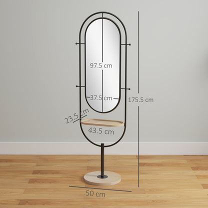 HOMCOM Oval Full Length Mirror with Wooden Tray and 4 Hooks - Black