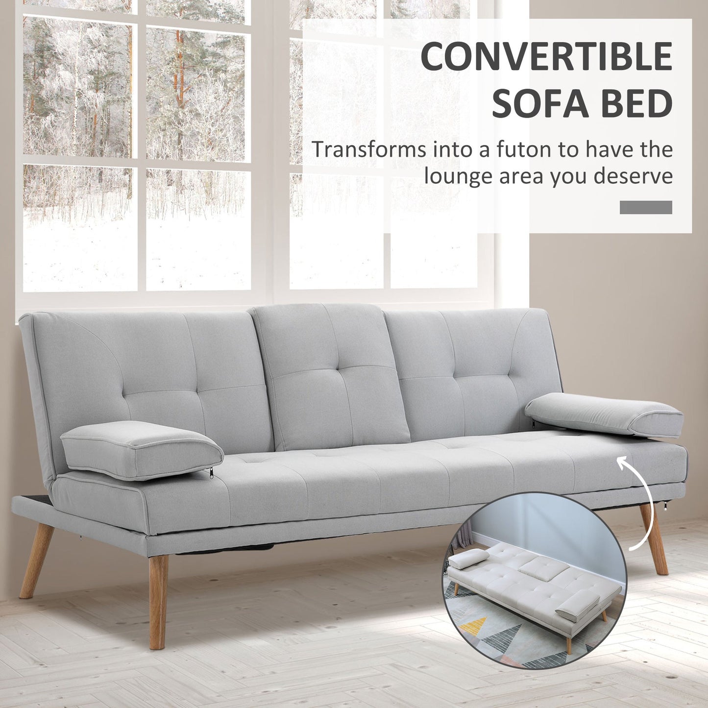 HOMCOM Fabric Click Clack Sofa Bed with 2 Cup Holders, Convertible Futon Settee, Futon Recliner Lounge for Living Room, Spare Room, Bedroom, Grey