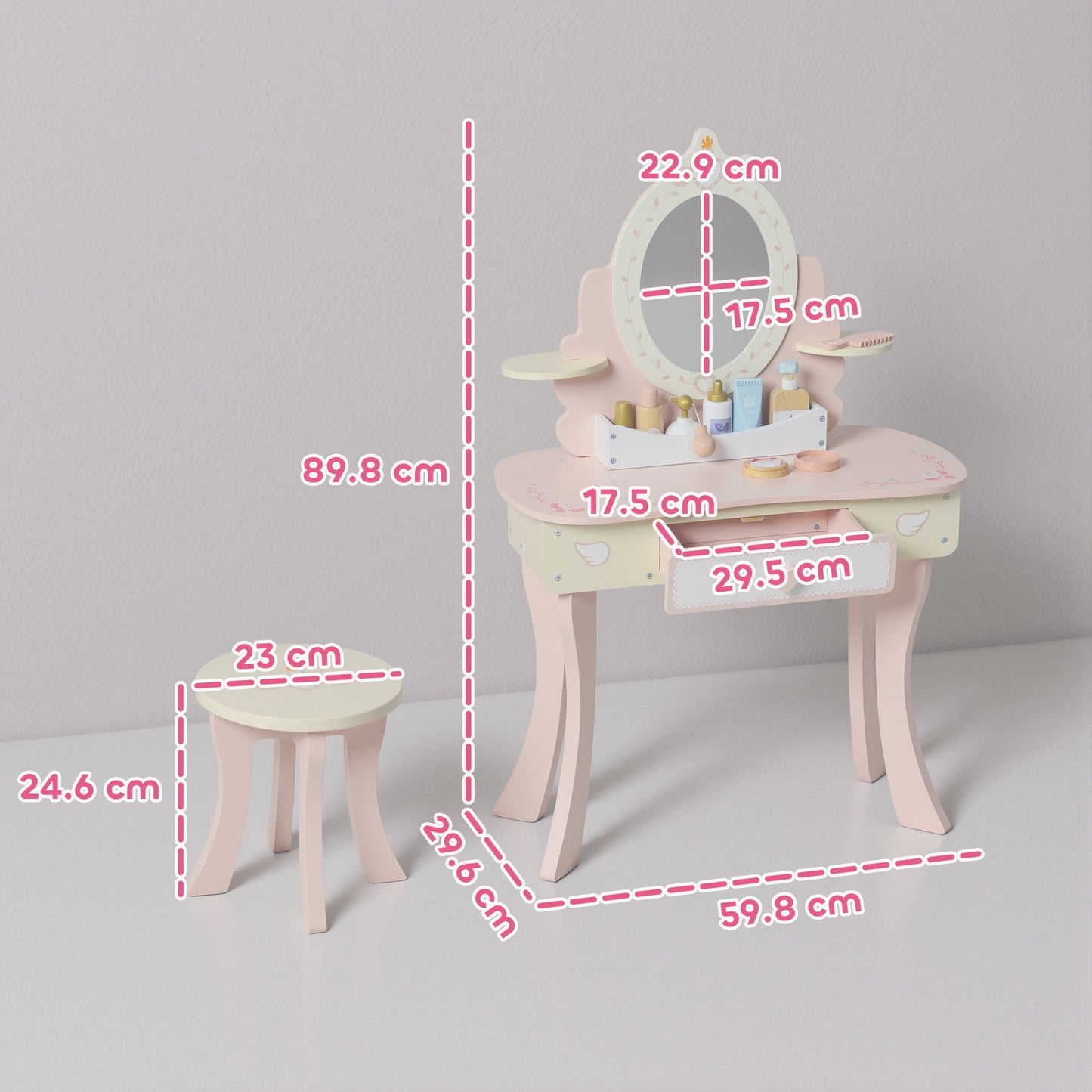 AIYAPLAY Kids Dressing Table, Girls Vanity Set with Mirror and Stool, 7 Play Accessories, Drawer, Desktop Storage, Pink
