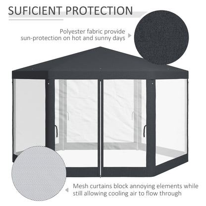Outsunny 4M Hexagon Gazebo, Netting Party Tent, Patio Canopy Outdoor Event Shelter for Activities, Shade Resistant, Dark Grey