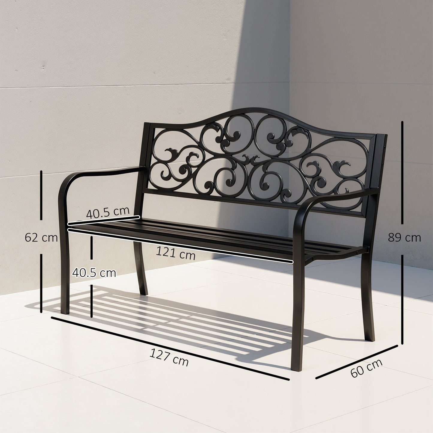 Outsunny Metal Garden Bench with Floral Backrest and Armrests - Black