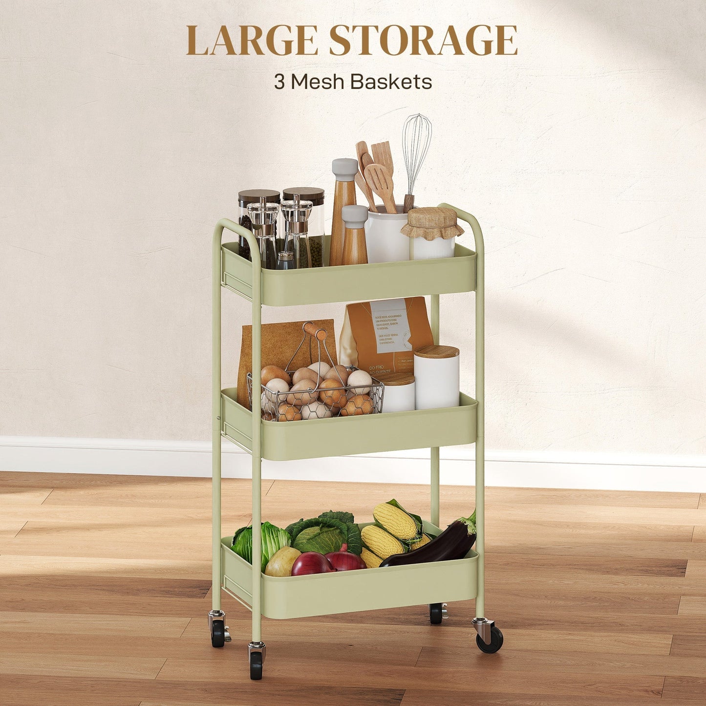 HOMCOM Three-Tier Steel Storage Trolley - Green