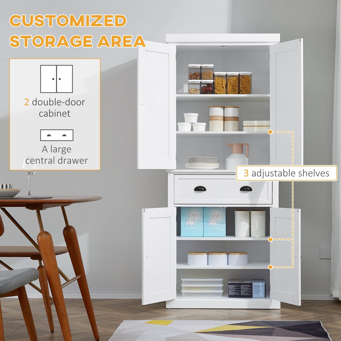HOMCOM Freestanding Kitchen Cupboard, 184cm Tall Storage Cabinet with Doors and Shelves, Traditional Colonial 4-Door Kitchen Pantry Cupboard with Drawer, White