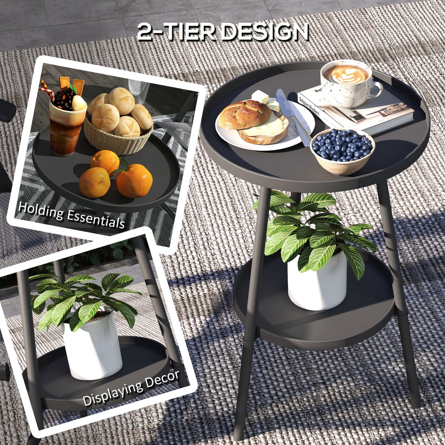 Outsunny Two-Tier Metal Garden Table - Black