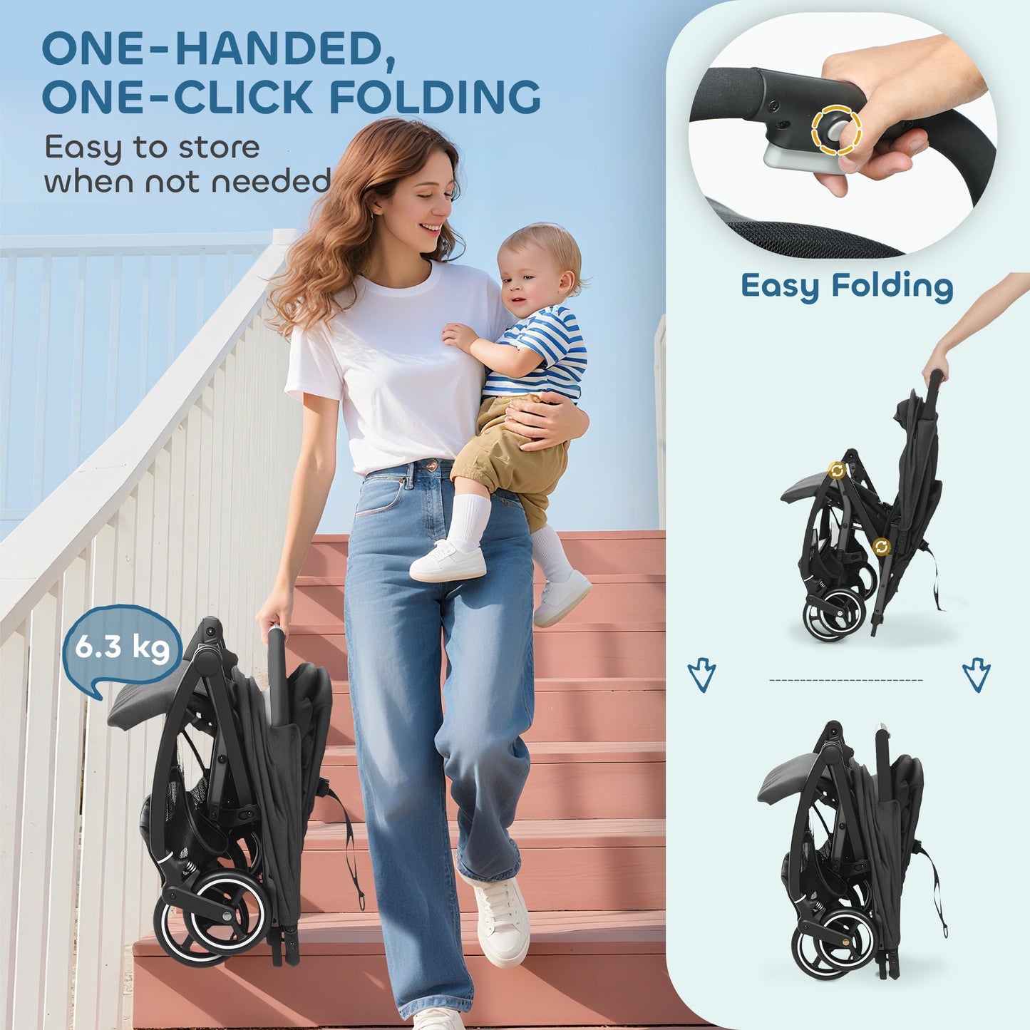 AIYAPLAY Travel Stroller, Lightweight Pushchair, Compact Buggy with Canopy, Basket and Multi-Position Recline, Dark Grey