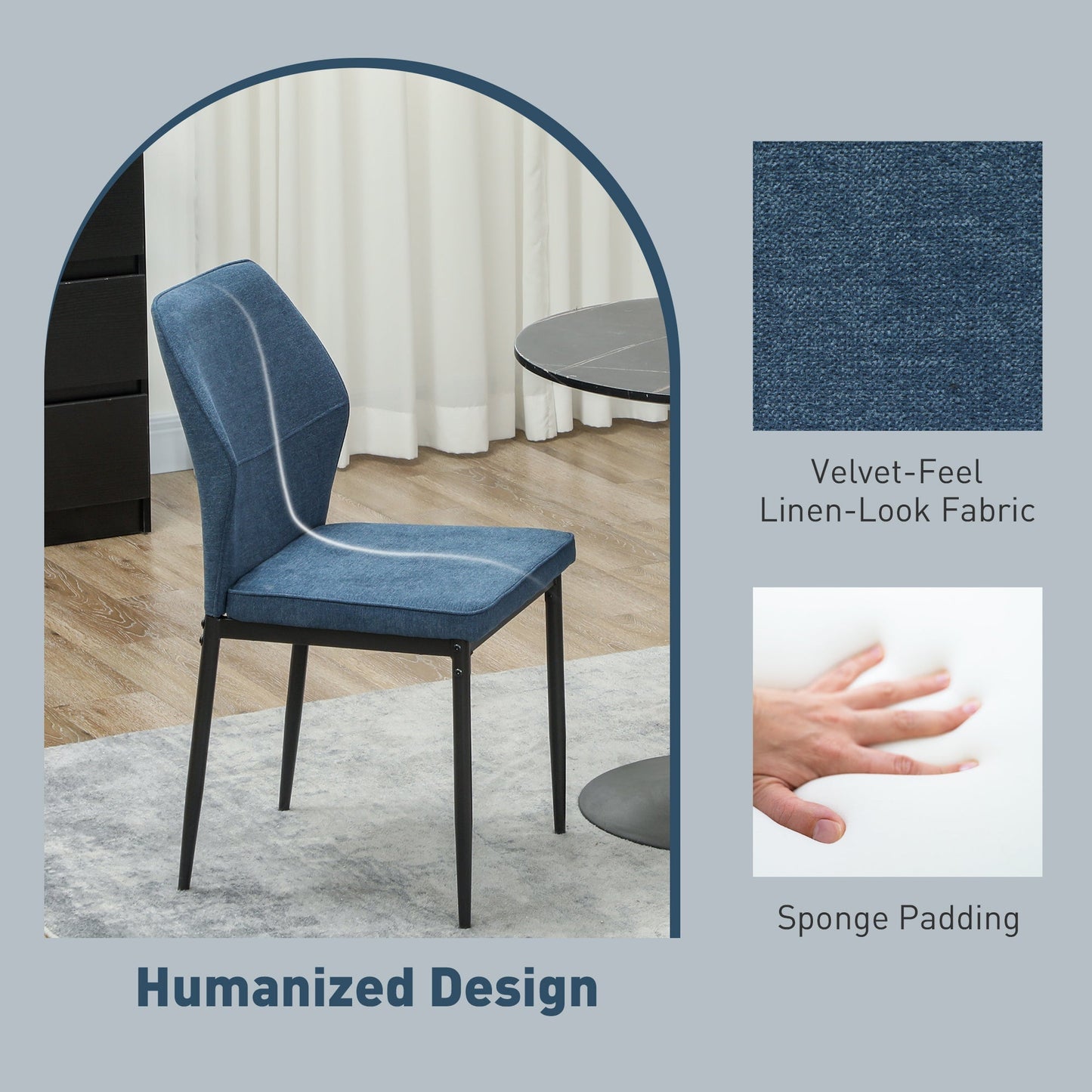 HOMCOM Velvet Dining Chairs Set of 2, Modern Armless Upholstered Kitchen Chairs with Metal Legs, Curved Back and Padded Seat, for Dining Room, Bedroom, Living Room, Blue