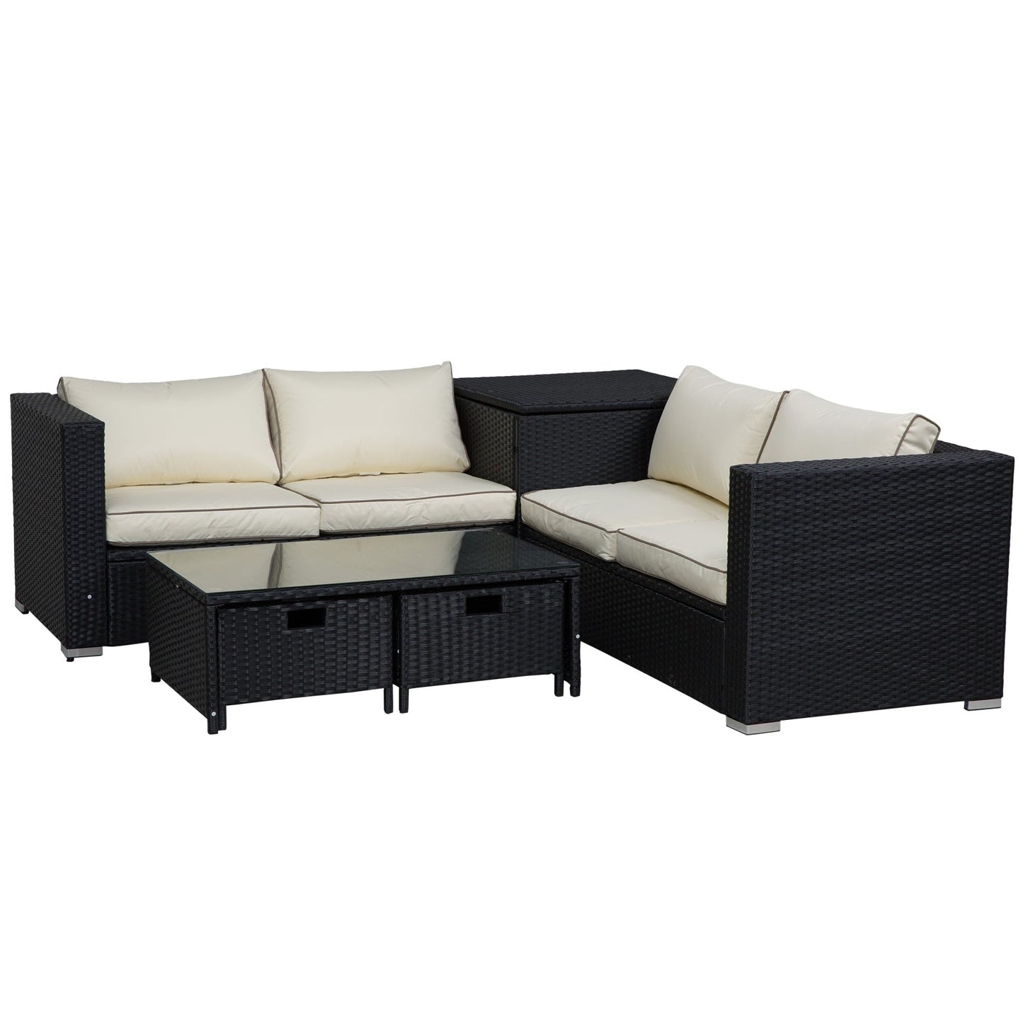 Outsunny 4 Pieces Rattan Garden Furniture Set, 4 Seater Corner Sofa Set with Storage Box, 2 Drawers Coffee Table, Loveseats with Cushions, Wicker Garden Conservatory Furniture for Balcony, Black
