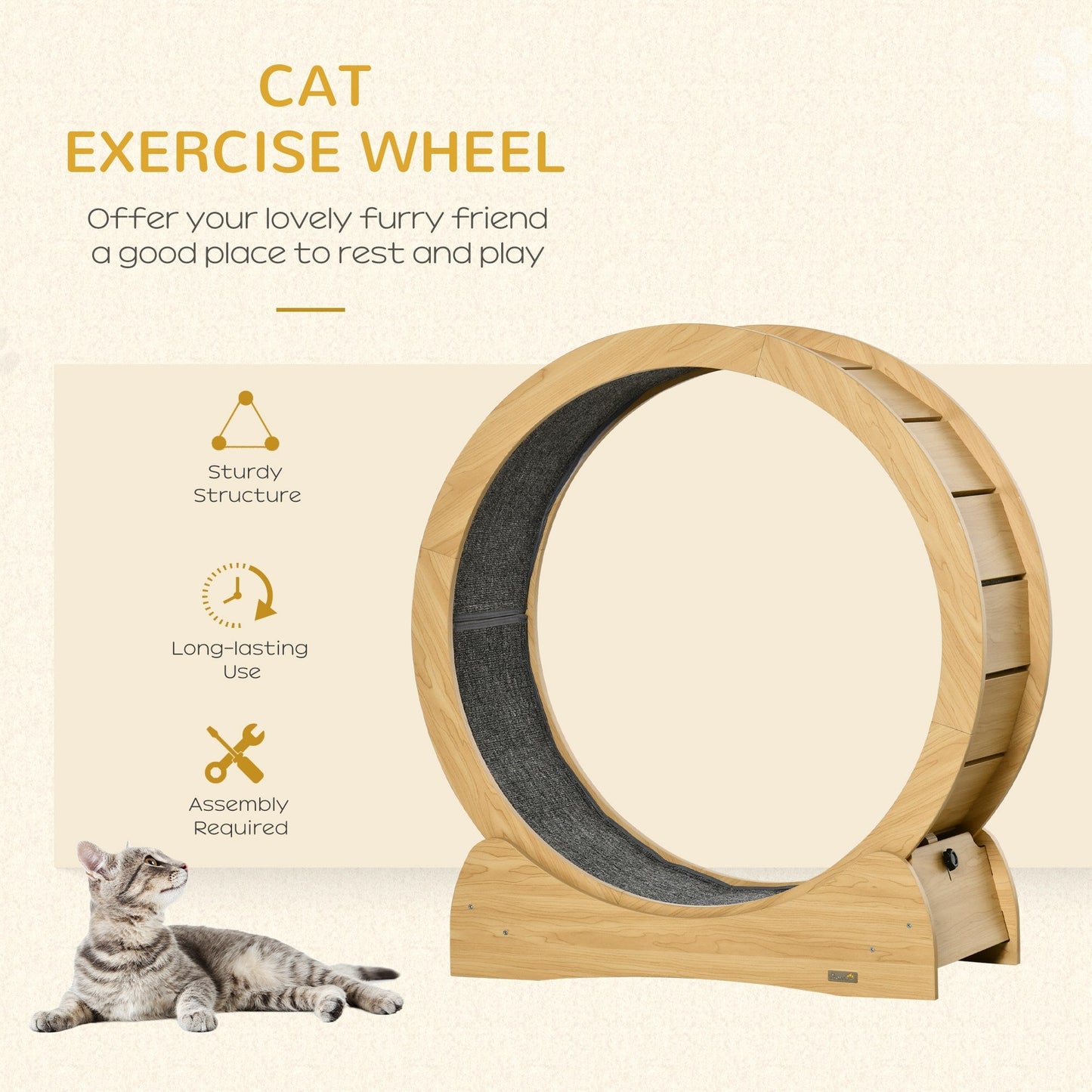 PawHut 30" Wooden Cat Running Wheel with Brake, Natural Wood Finish