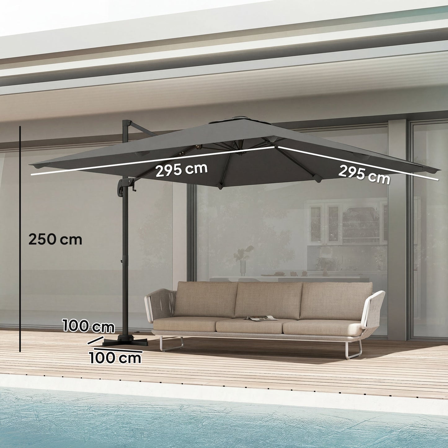 Outsunny 3 x 3 m Cantilever Parasol, Square Patio Umbrella with Crank Handle, Cross Base, Tilt, 360Â° Rotation, Dark Grey