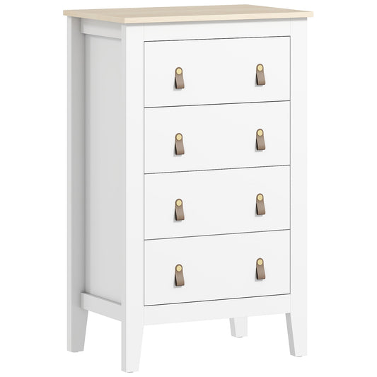 HOMCOM Bedroom Chest of Drawers, Modern 4 Drawer Dresser Cabinet with PU Leather Handles and Metal Runners for Living Room, Hallway, Entryway, White