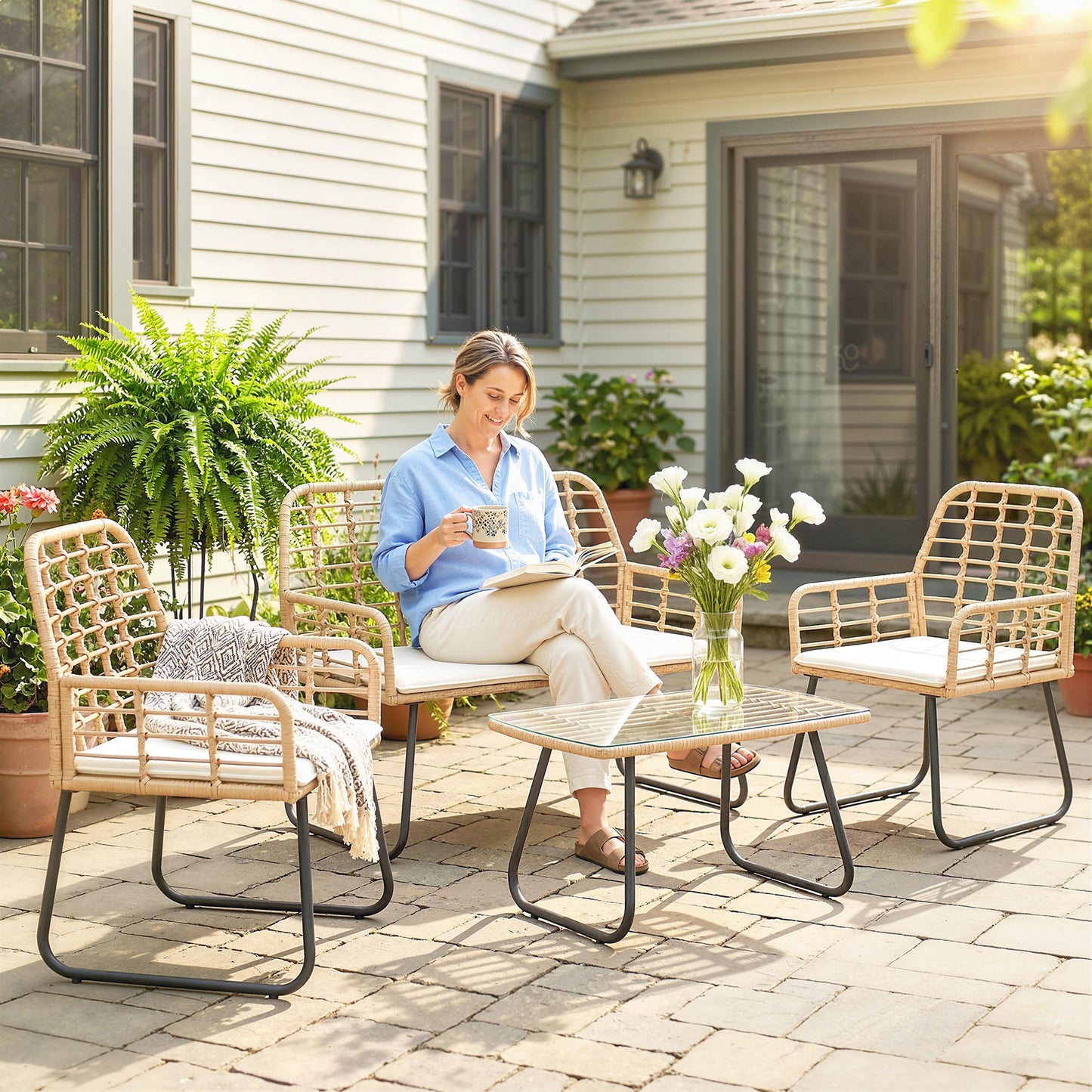 Outsunny 4 Piece Rattan Garden Furniture Set, Outdoor Patio Furniture with Loveseat, Armchairs and Coffee Table