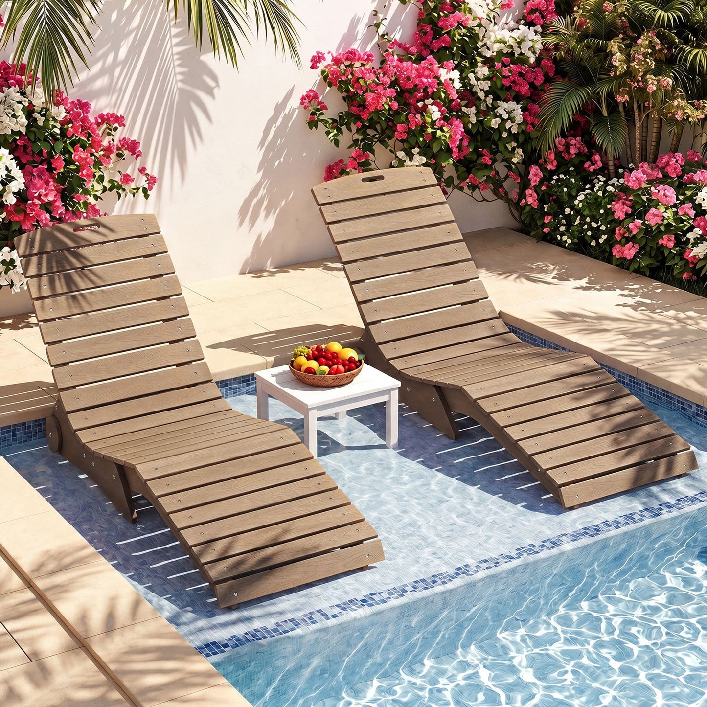 In-Pool Lounge Chair Ergonomic S-Curve HDPE Pool Chaise Lounger with Wheels-Brown